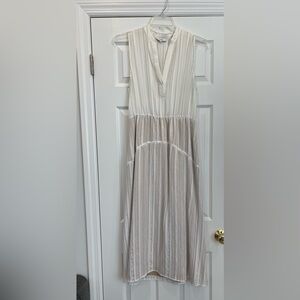 Vince White and Cream with thin black stripes Sleeveless Rayon Dress. Size 6